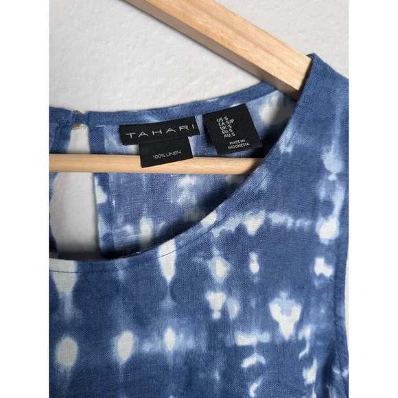 Tahari Dress Womens S Blue Short Tie Dye Sundress A-Line Linen Pockets - Picture 2 of 8